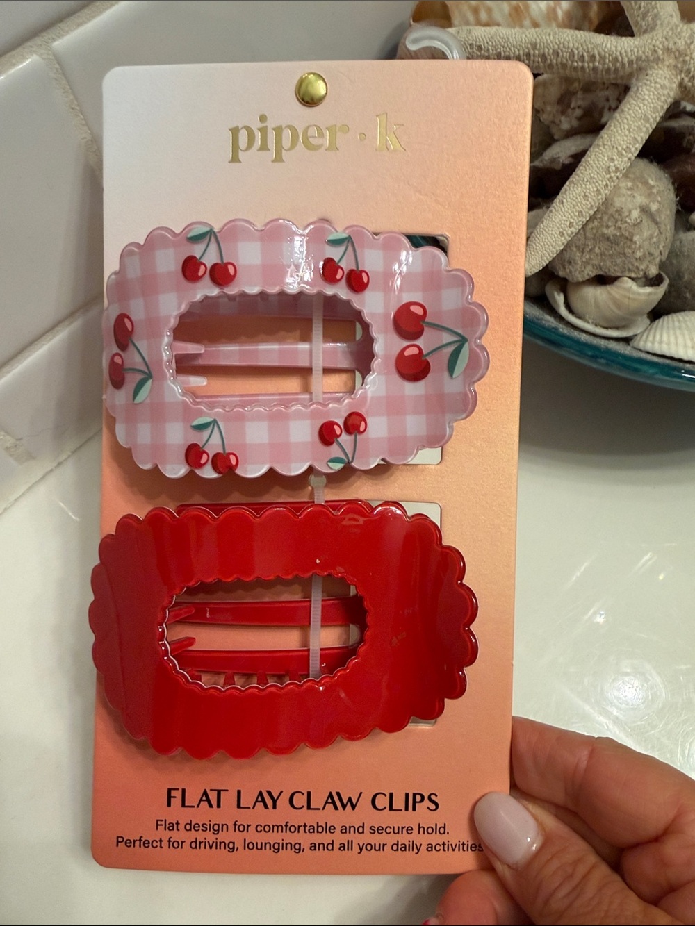 Piper Kids Pink Gingham Cherry & Bright Red Scalloped Claw Clips